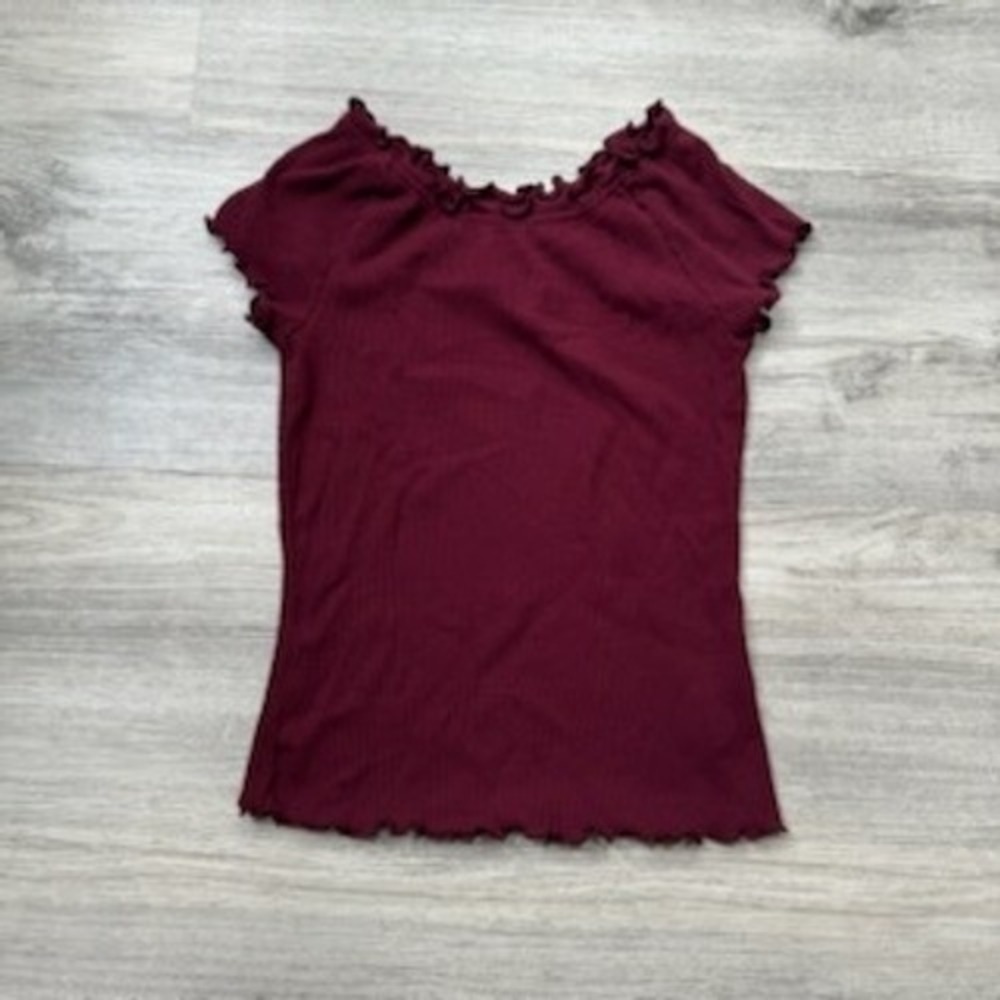 Old Navy Girls Top Burgundy Ribbed Knit Ruffle Trim Short Sleeve Size M (8)‎